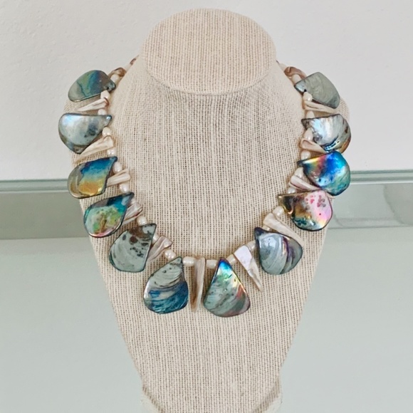 Iridescent Blue Shell Beaded Necklace w/ Tan Shell Pieces - Picture 6 of 6